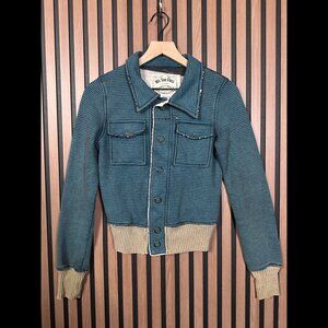 Free People Jacket Small Womens Blue Gray Striped Button Snap Chunky Knit Pocket